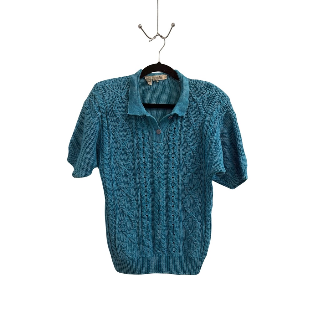 Polo Sweater Cable Knit Vintage de rotchild Women Medium Teal Short Sleeve Retro